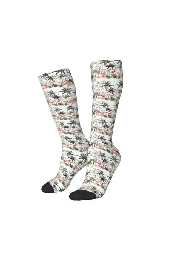 Women Crew Soft Moisture-wicking Socks Flamingo Palm Trees Pattern Design Cotton Socks, One Size fit All