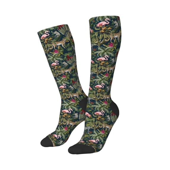 Picia Women Crew Soft Moisture-wicking Socks Flamingos And Palm Leaves Pattern Design Cotton Socks, One Size fit All