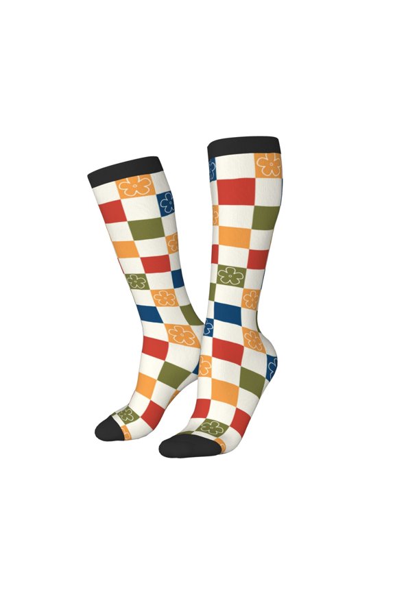Women Crew Soft Moisture-wicking Socks Floral Checkerboard Pattern Design Cotton Socks, One Size fit All