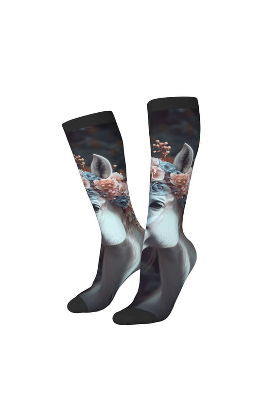Women Crew Soft Moisture-wicking Socks Flower Crown White Horse Pattern Design Cotton Socks, One Size fit All