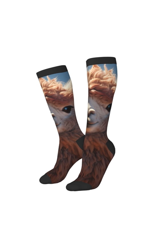 Women Crew Soft Moisture-wicking Socks Fluffy Alpaca Mountain Meadow Pattern Design Cotton Socks, One Size fit All