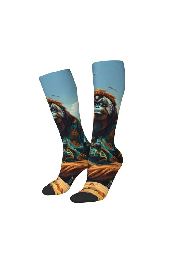 Women Crew Soft Moisture-wicking Socks Forest Meditating Gorilla Pattern Design Cotton Socks, One Size fit All