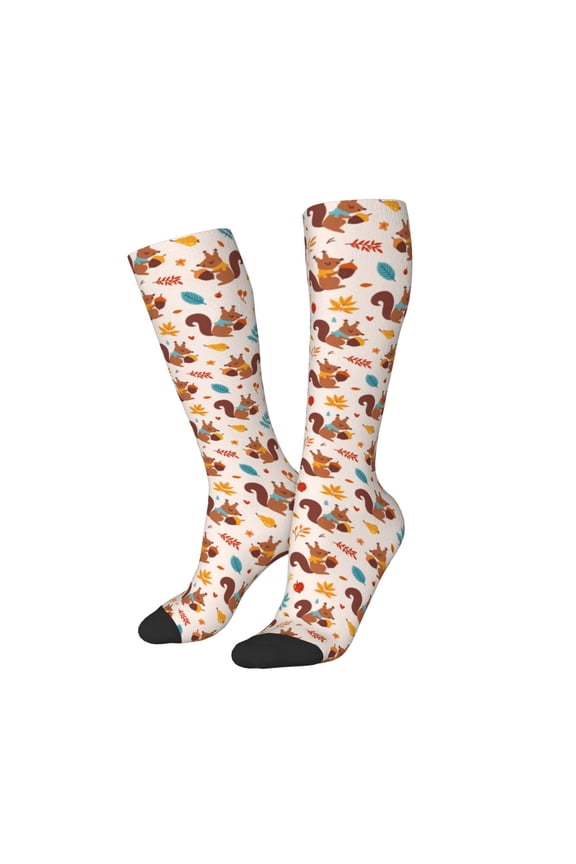 Women Crew Soft Moisture-wicking Socks Forest Squirrel Nuts Pattern Design Cotton Socks, One Size fit All