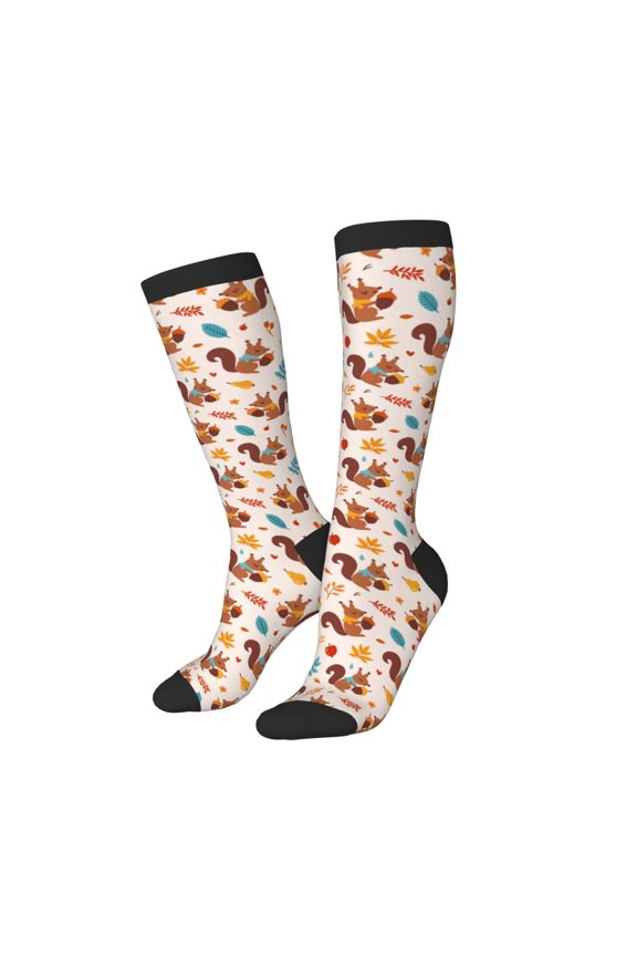 Women Crew Soft Moisture-wicking Socks Forest Squirrel Nuts Pattern Design Cotton Socks, One Size fit All