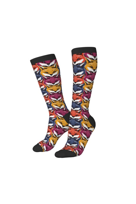 Women Crew Soft Moisture-wicking Socks Fox Face Pattern Design Cotton Socks, One Size fit All