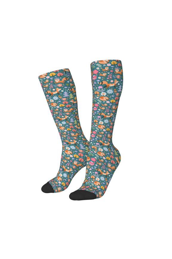Women Crew Soft Moisture-wicking Socks Foxes and Birds in Forest Pattern Design Cotton Socks, One Size fit All