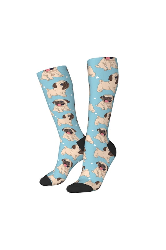Women Crew Soft Moisture-wicking Socks Funny Cartoon Pugs Pattern Design Cotton Socks, One Size fit All
