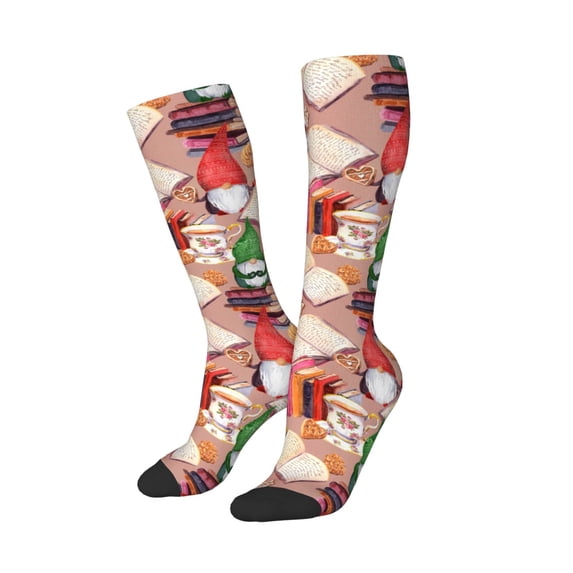 Picia Women Crew Soft Moisture-wicking Socks Gnomes Books Tea Cups Pattern Design Cotton Socks, One Size fit All