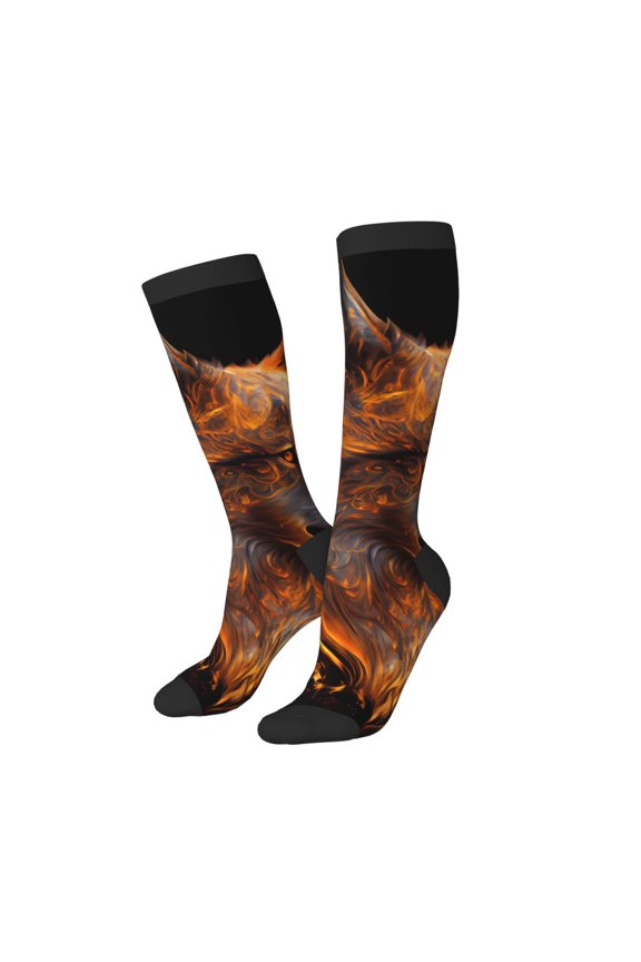 Women Crew Soft Moisture-wicking Socks Gold Flame Pattern Wolf Pattern Design Cotton Socks, One Size fit All