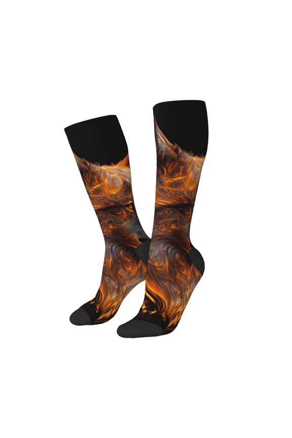 Women Crew Soft Moisture-wicking Socks Gold Flame Pattern Wolf Pattern Design Cotton Socks, One Size fit All