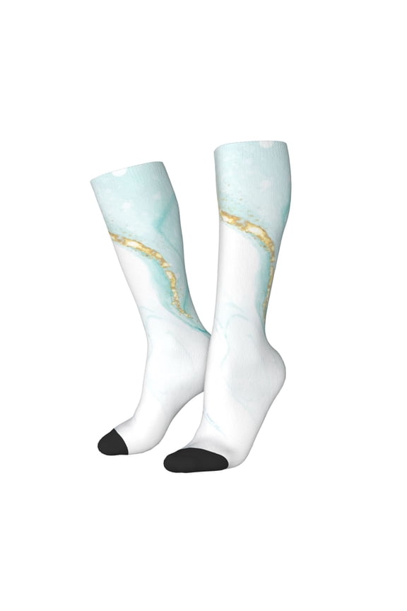 Women Crew Soft Moisture-wicking Socks Gold Lines Marble Watercolor Pattern Design Cotton Socks, One Size fit All