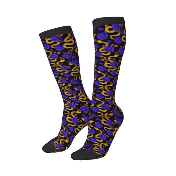Picia Women Crew Soft Moisture-wicking Socks Golden Snake And Purple Rose Pattern Design Cotton Socks, One Size fit All