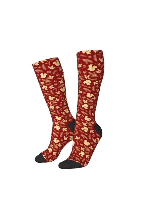 Women Crew Soft Moisture-wicking Socks Golden Squirrels Holiday Pattern Design Cotton Socks, One Size fit All