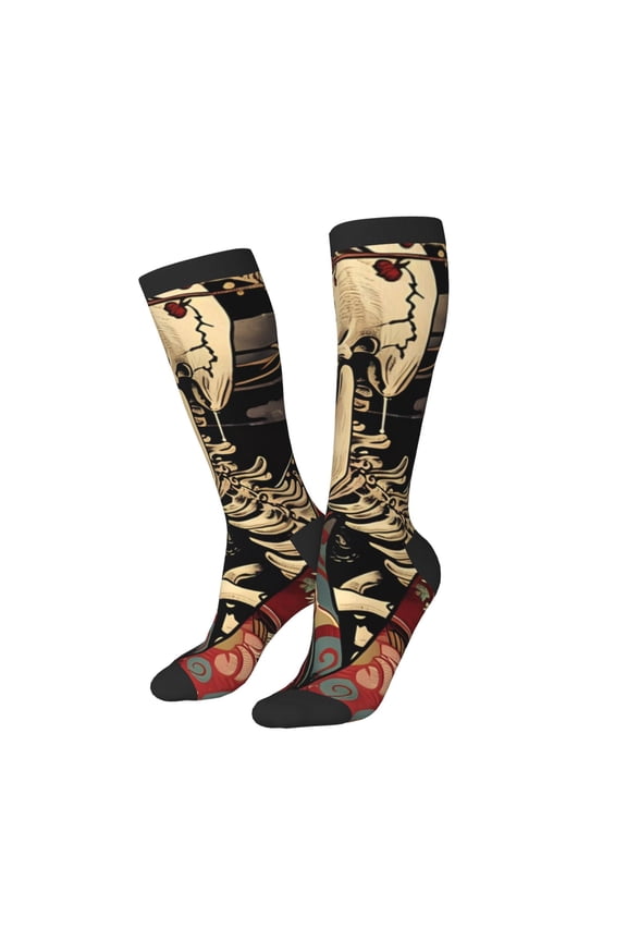Women Crew Soft Moisture-wicking Socks Gothic Eastern Floral Skull Pattern Design Cotton Socks, One Size fit All