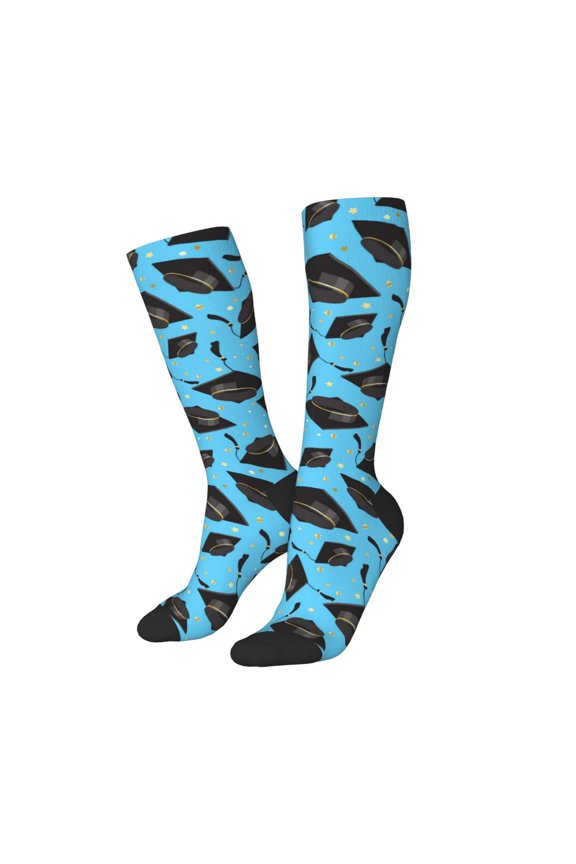 Women Crew Soft Moisture-wicking Socks Graduation Hats2 Pattern Design Cotton Socks, One Size fit All