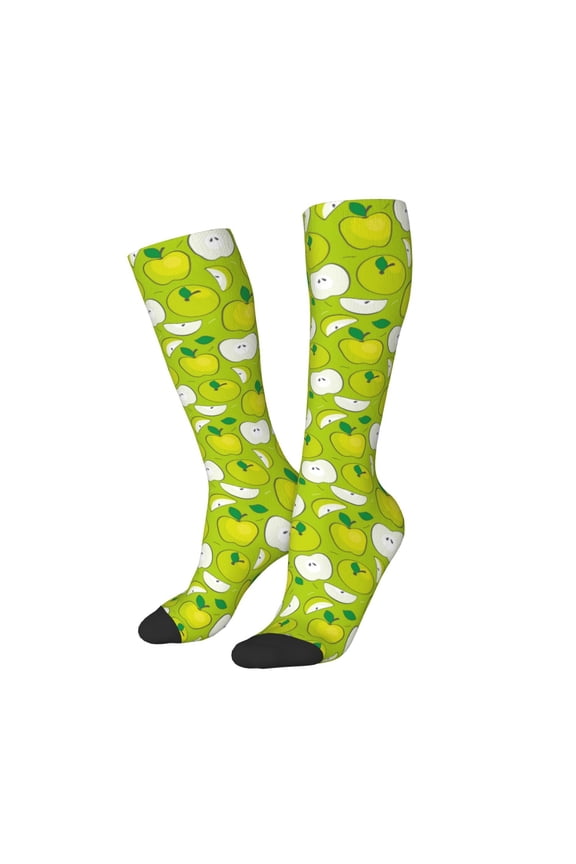 Women Crew Soft Moisture-wicking Socks Green Apple Pattern Design Cotton Socks, One Size fit All