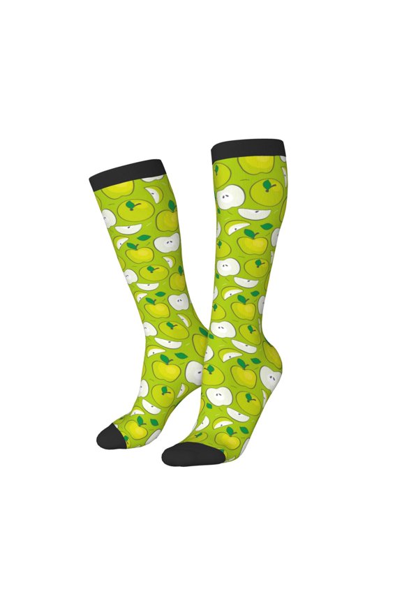 Women Crew Soft Moisture-wicking Socks Green Apple Pattern Design Cotton Socks, One Size fit All
