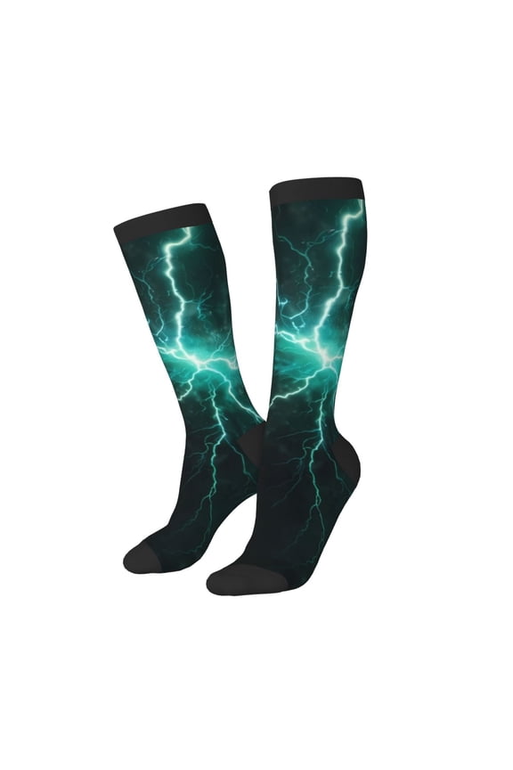 Women Crew Soft Moisture-wicking Socks Green Lightning Flash Pattern Design Cotton Socks, One Size fit All