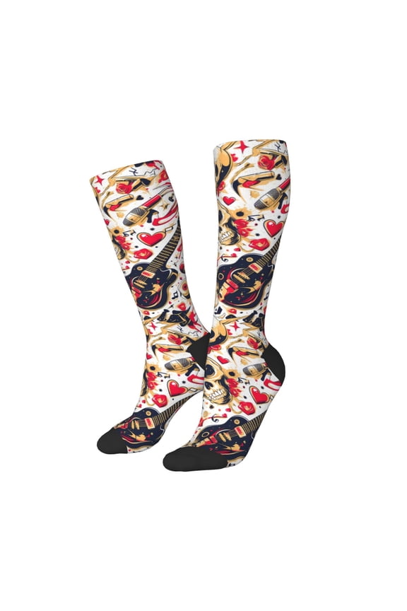 Women Crew Soft Moisture-wicking Socks Guitar Skull rock Pattern Design Cotton Socks, One Size fit All