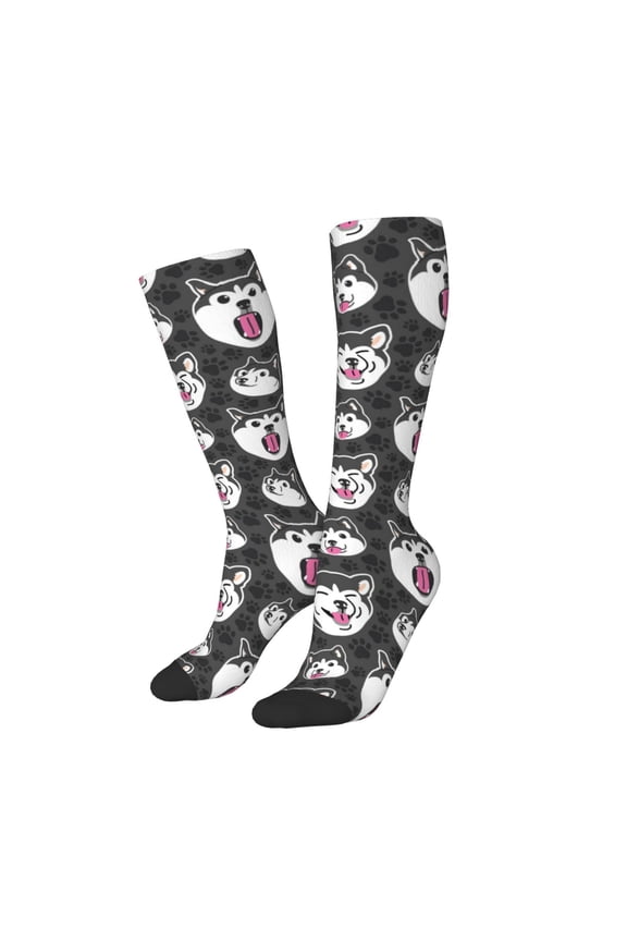 Women Crew Soft Moisture-wicking Socks HUSKY Face Pattern Design Cotton Socks, One Size fit All