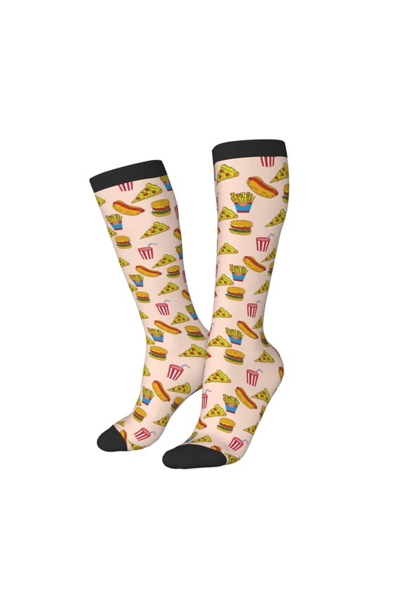 Women Crew Soft Moisture-wicking Socks Hamburger Pizza Coke Pattern Design Cotton Socks, One Size fit All