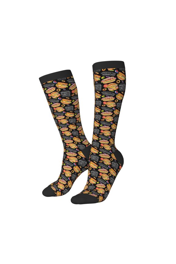 Women Crew Soft Moisture-wicking Socks Hamburgers Hot Dogs Pattern Design Cotton Socks, One Size fit All