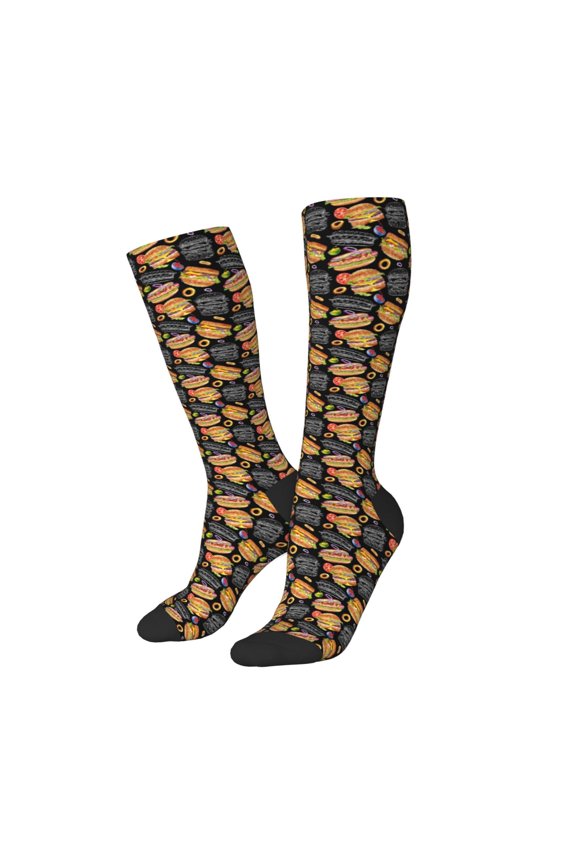 Women Crew Soft Moisture-wicking Socks Hamburgers Hot Dogs Pattern Design Cotton Socks, One Size fit All
