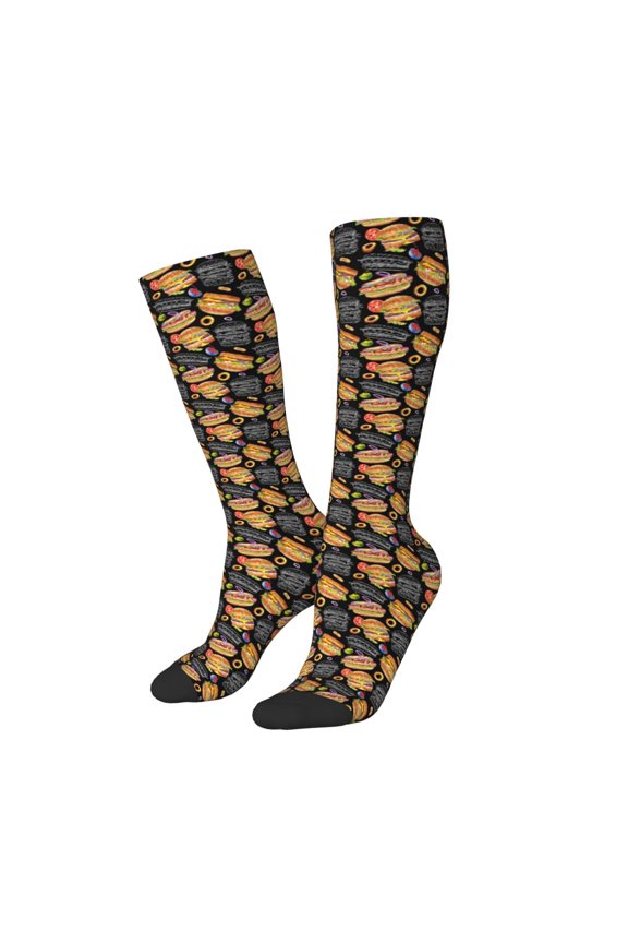Women Crew Soft Moisture-wicking Socks Hamburgers Hot Dogs Pattern Design Cotton Socks, One Size fit All