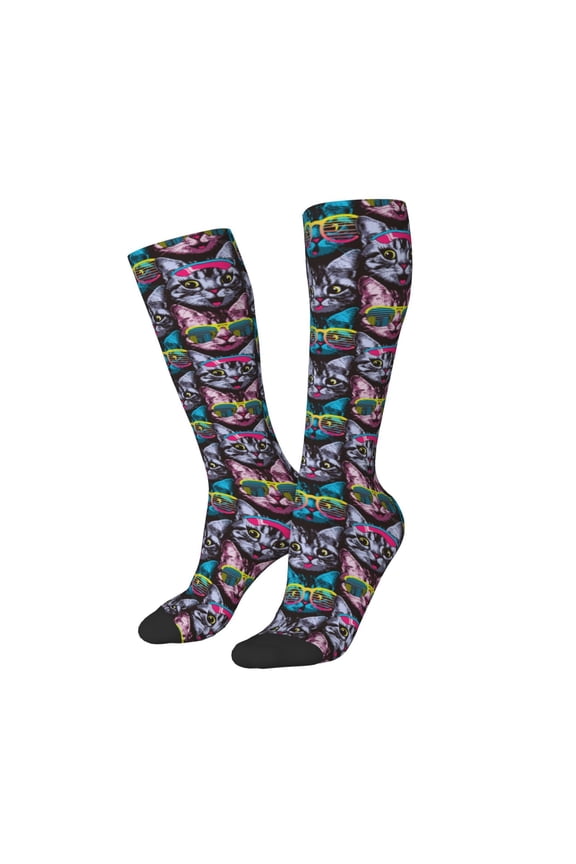 Women Crew Soft Moisture-wicking Socks Happy Kitten Faces Pattern Design Cotton Socks, One Size fit All