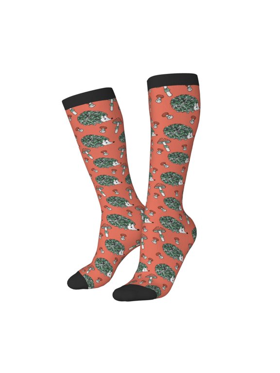 Women Crew Soft Moisture-wicking Socks Hedgehog Mushroom Pattern Design Cotton Socks, One Size fit All