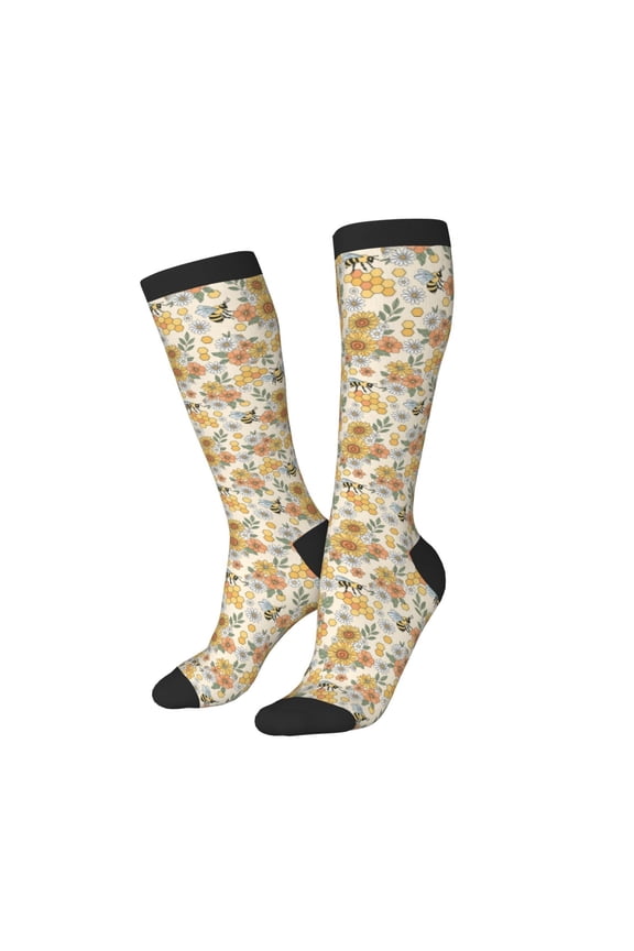 Women Crew Soft Moisture-wicking Socks Hippie Bee Honeycomb Pattern Design Cotton Socks, One Size fit All
