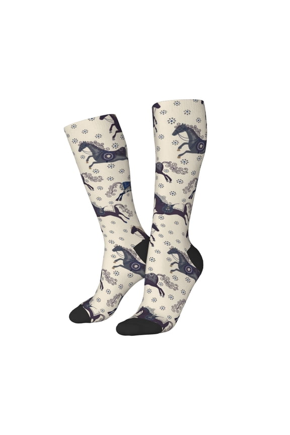 Women Crew Soft Moisture-wicking Socks Horse Pattern Design Cotton Socks, One Size fit All