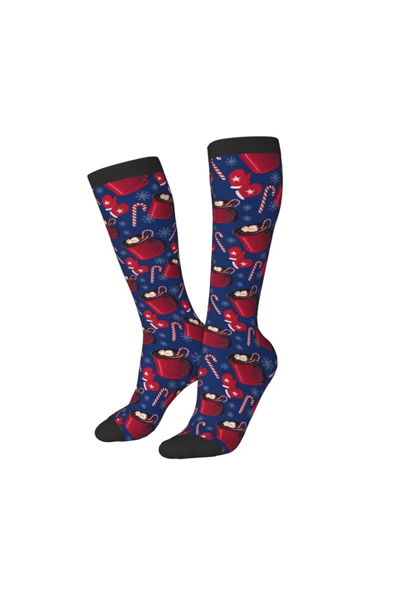Women Crew Soft Moisture-wicking Socks Hot Cocoa Snowflake Mittens Pattern Design Cotton Socks, One Size fit All
