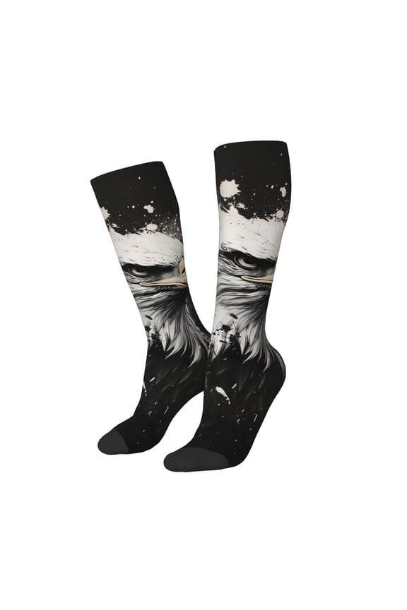 Women Crew Soft Moisture-wicking Socks Ink Style Bald Eagle Pattern Design Cotton Socks, One Size fit All