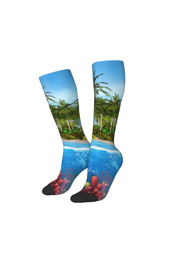 Women Crew Soft Moisture-wicking Socks Island And Coral Reef Pattern Design Cotton Socks, One Size fit All