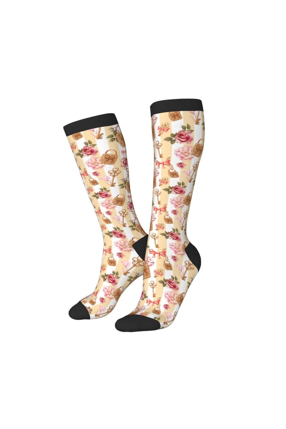 Women Crew Soft Moisture-wicking Socks Key Lock And Flowers Pattern Design Cotton Socks, One Size fit All