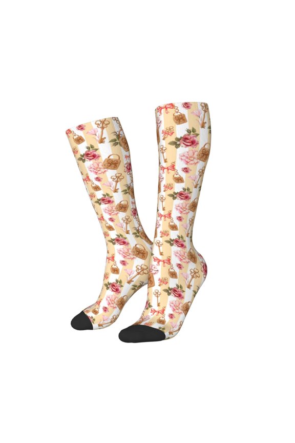 Women Crew Soft Moisture-wicking Socks Key Lock And Flowers Pattern Design Cotton Socks, One Size fit All