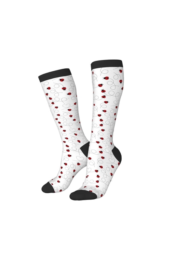 Women Crew Soft Moisture-wicking Socks Ladybugs Flying On Dotted Route Pattern Design Cotton Socks, One Size fit All