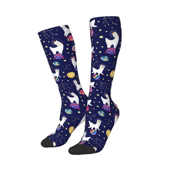 Picia Women Crew Soft Moisture-wicking Socks Lama in Space Pattern Design Cotton Socks, One Size fit All
