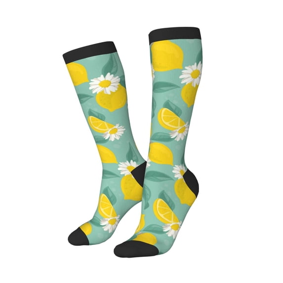 Picia Women Crew Soft Moisture-wicking Socks Lemons Chamomile Flowers And Leaves Pattern Design Cotton Socks, One Size fit All