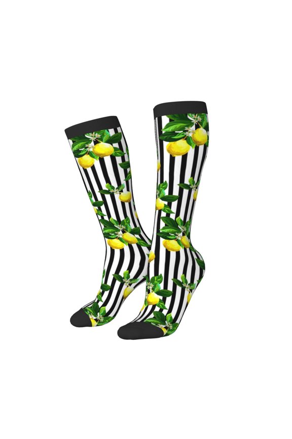 Women Crew Soft Moisture-wicking Socks Lemons on Striped Pattern Design Cotton Socks, One Size fit All
