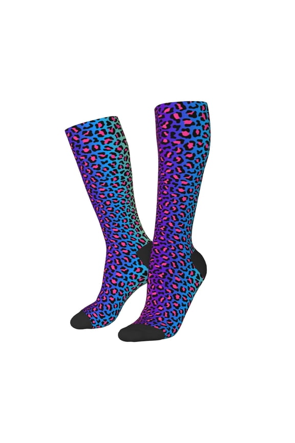 Women Crew Soft Moisture-wicking Socks Leopard Neon Rainbow Gradient Pattern Design Cotton Socks, One Size fit All
