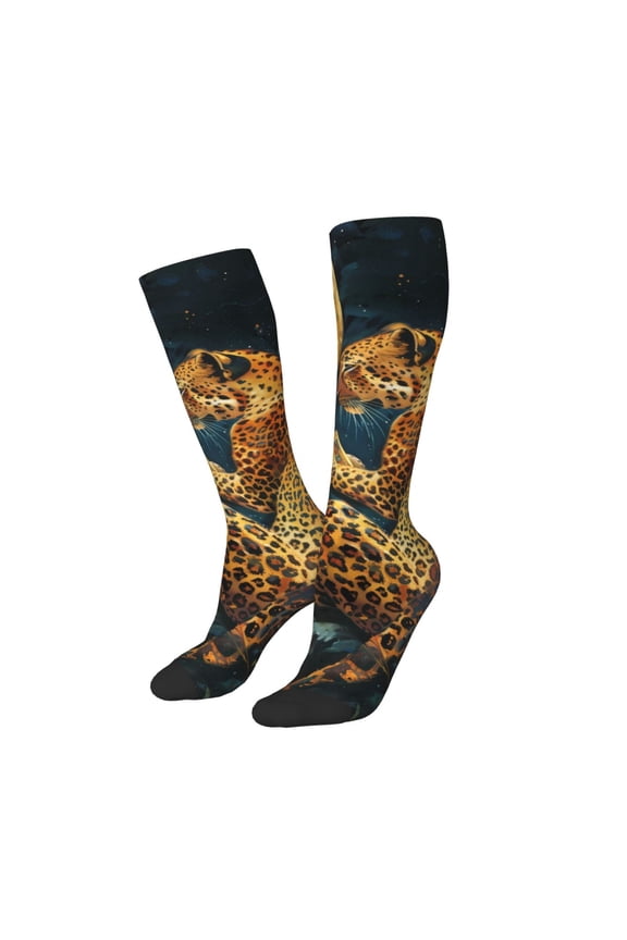 Women Crew Soft Moisture-wicking Socks Leopard Reading Tarot Cards Pattern Design Cotton Socks, One Size fit All