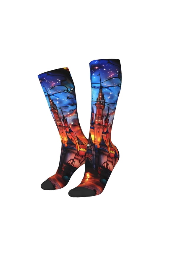 Women Crew Soft Moisture-wicking Socks Magical Stained Glass Castle Pattern Design Cotton Socks, One Size fit All