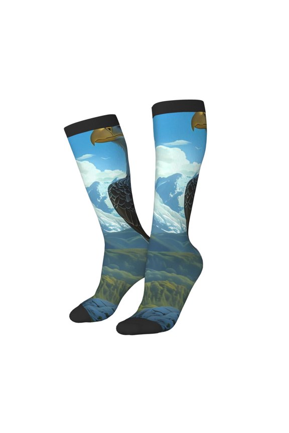 Women Crew Soft Moisture-wicking Socks Majestic Eagle Over Castle Pattern Design Cotton Socks, One Size fit All