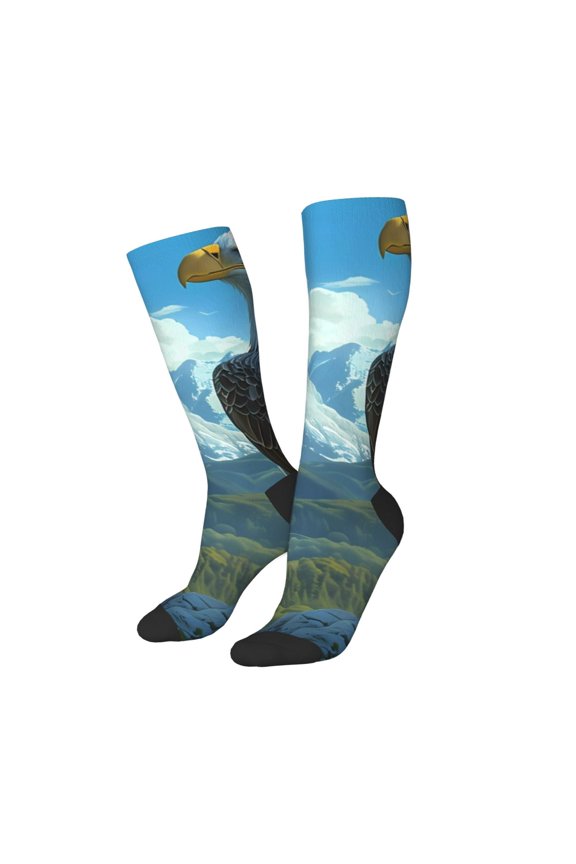 Women Crew Soft Moisture-wicking Socks Majestic Eagle Over Castle Pattern Design Cotton Socks, One Size fit All
