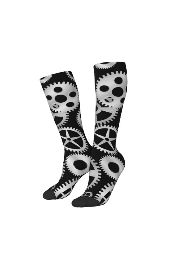 Women Crew Soft Moisture-wicking Socks Metallic Gears Pattern Design Cotton Socks, One Size fit All