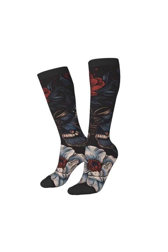 Women Crew Soft Moisture-wicking Socks Midnight Butterfly Floral Dream Pattern Design Cotton Socks, One Size fit All