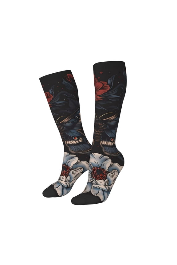 Women Crew Soft Moisture-wicking Socks Midnight Butterfly Floral Dream Pattern Design Cotton Socks, One Size fit All