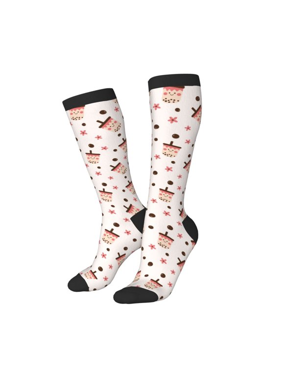 Women Crew Soft Moisture-wicking Socks Milk Tea Pattern Design Cotton Socks, One Size fit All